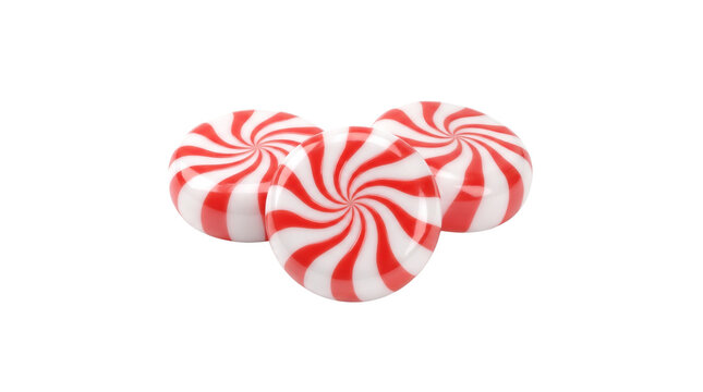 Peppermint swirl candies, red and white striped hard candy group, festive mint sweets isolated on white background