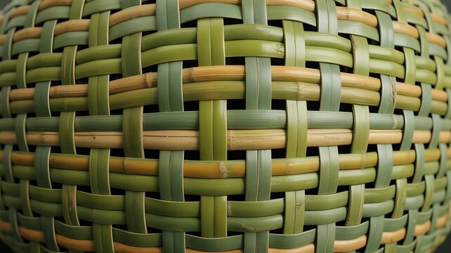 Woven bamboo basket surface featuring intricate green and golden interlocking strips forming a beautiful natural pattern