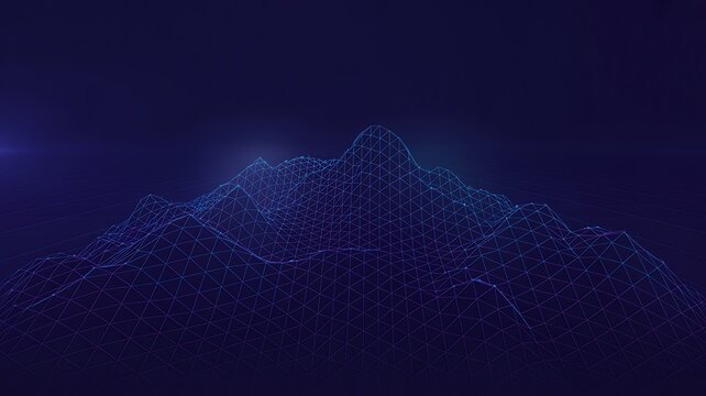 Digital mountain terrain landscape rendered with blue wireframe mesh lines against a dark purple background environment