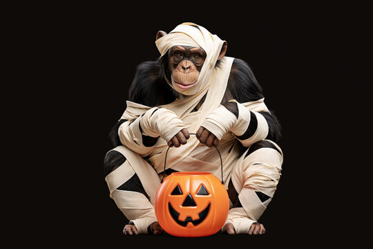 Chimpanzee wrapped in mummy bandages resting on carved jack-o-lantern pumpkin