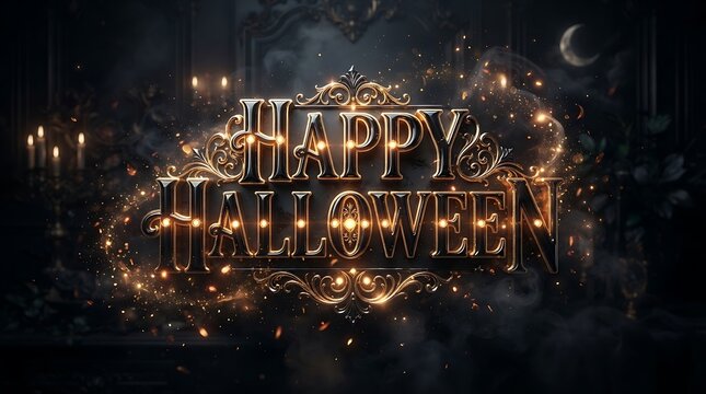 Elegant happy halloween typography design with glowing golden string lights against a dark moody background for festive celebration