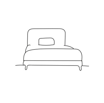 Minimalist single continuous line of a comfortable bed with a headboard and a soft pillow on a clean white background