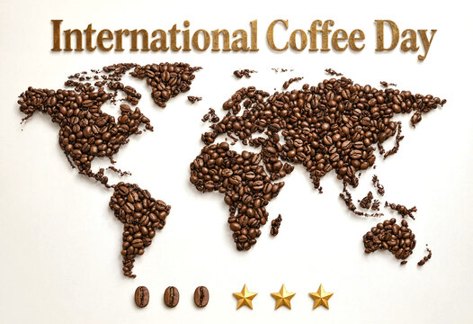 Creative international coffee day celebration with coffee beans world map and golden stars design