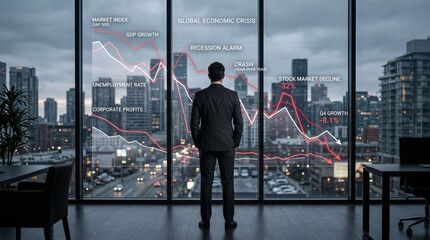 Fototapeta premium Businessman standing in front of window overlooking city skyline with augmented reality financial charts showing market crash, recession alarm, and stock decline