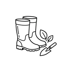 Fototapeta premium A simple black and white line art illustration of rubber boots and a small garden trowel. vector illustration