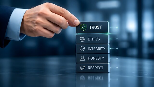 Businessman Placing Trust Shield Block On Corporate Ethics And Integrity Stack