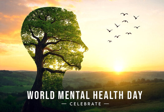 Inspiring world mental health day celebration with tree shaped like a human head silhouette at sunrise