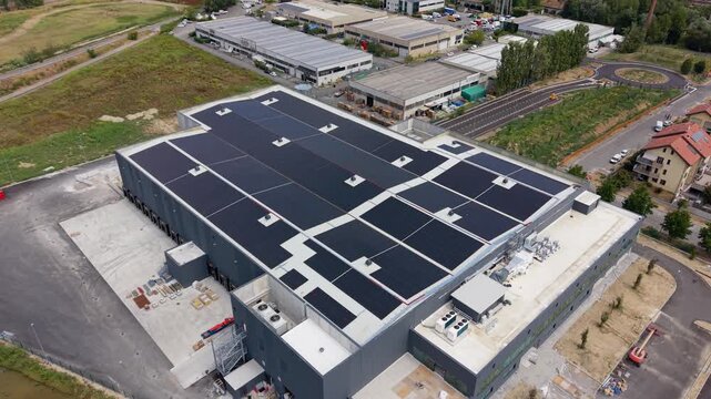 New Industrial Distribution Center with Solar Panels in Lombardy Italy Aerial View
