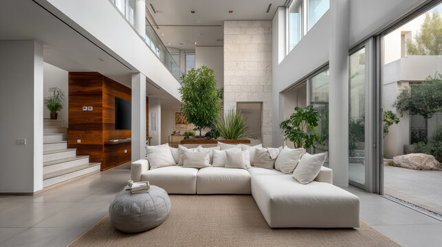 Modern interior living room with white sectional sofa, indoor plant, and glass wall in bright luxury home