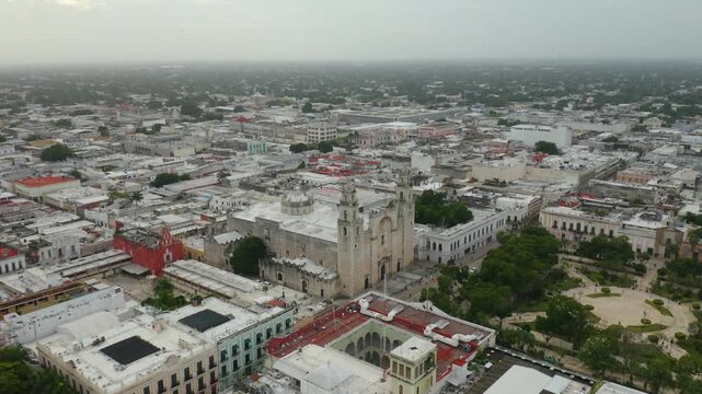 Aerial view of Merida cathedral and historic colonial architecture in Yucatan Mexico.