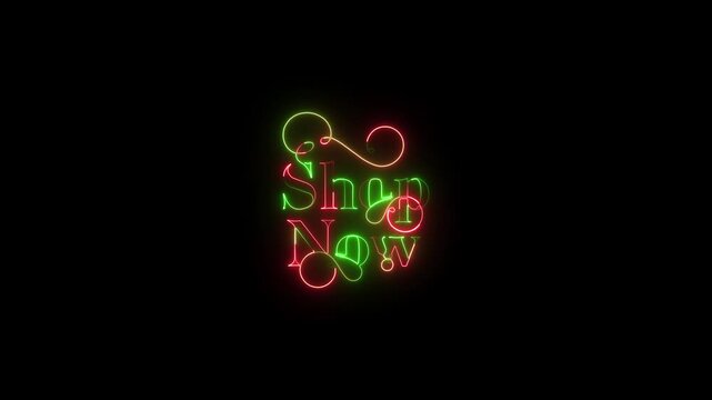Neon sign Shop Now with red and green glowing lights on black background 4k video.