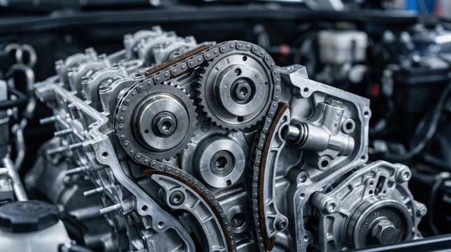 Close up view of internal combustion engine timing chain and sprocket mechanism exposed for maintenance, automotive repair showing metallic gears and mechanical parts inside motor