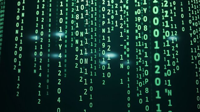 Glowing green matrix binary code falling down against dark background in a sharp digital style