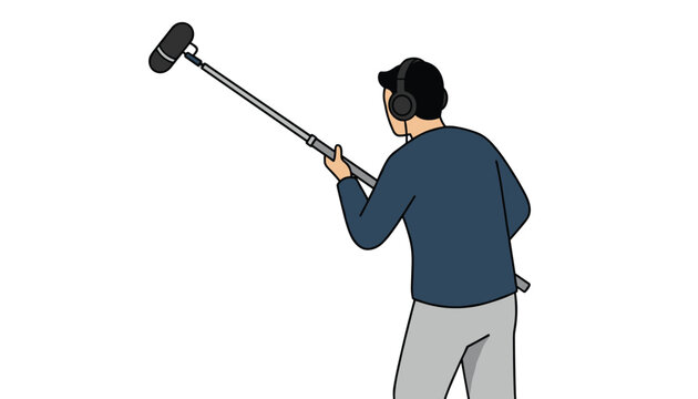 Professional audio recordist seen from behind wearing headphones and holding a long telescopic boom microphone pole.