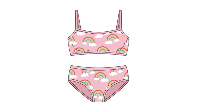 Pink girls undergarment set featuring a top and matching briefs printed with cute colorful rainbows and white clouds.