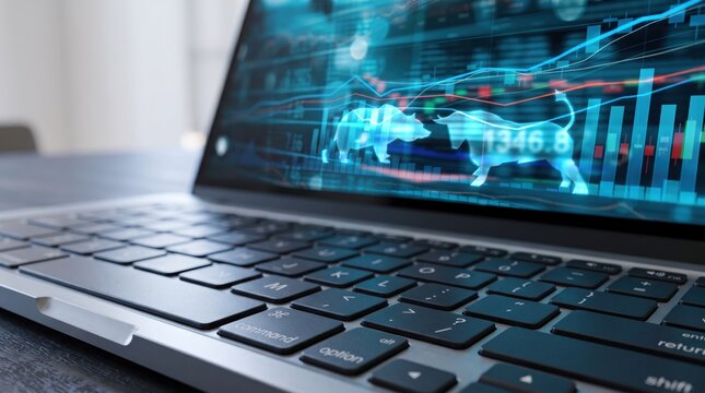 Stock market trading on laptop screen showing bull and bear holograms, financial investment analysis, economic trend forecasting, cryptocurrency volatility chart