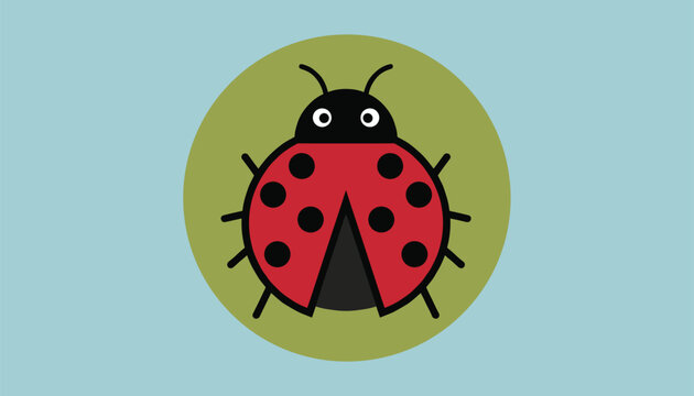 Cute cartoon ladybug icon with red wings and black spots on a round green backdrop over light blue background.