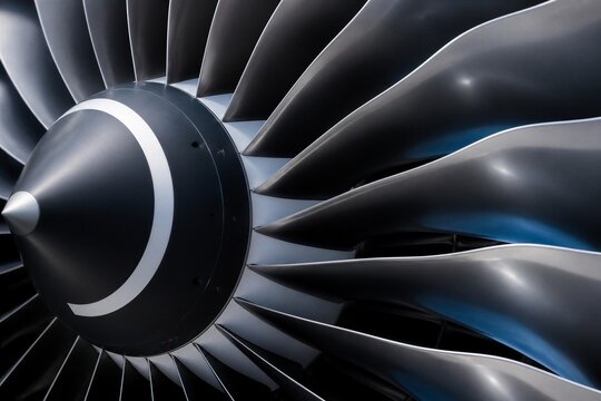 Jet engine fan blades captured in closeup on aircraft engine