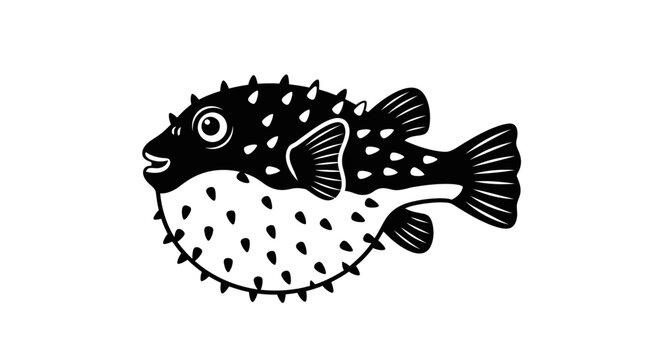 Black and white pufferfish illustration with spiky body with sea creature wildlife seafood prickly marine animal finned ocean