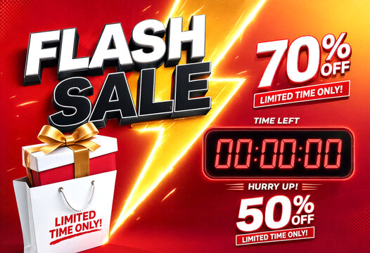 Bright flash sale advertisement with discount offers and gift box showing limited time promotion