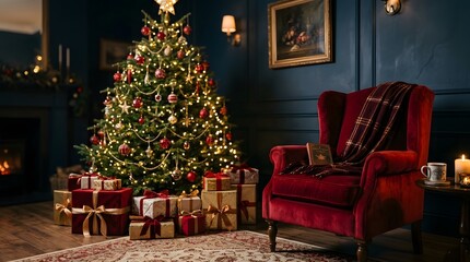 Obraz premium A beautifully decorated christmas tree illuminates a cozy living room creating a warm and festive holiday atmosphere