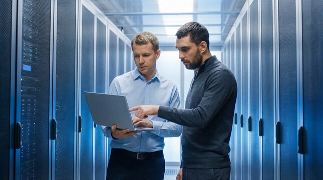 Server men working with laptop in data center