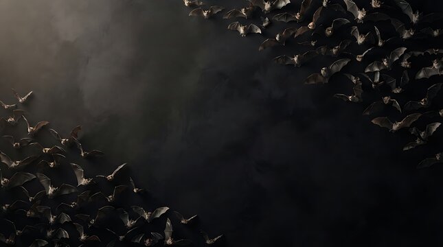 Dark background with scattered black coffee beans on two corners and copy space in the middle