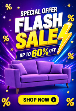 Bright flash sale advertisement with purple sofa and discount offers up to sixty percent off