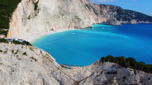 Aerial view of turquoise waters and white cliffs at Porto Katsiki beach on Lefkada island in Ionian sea Greece.