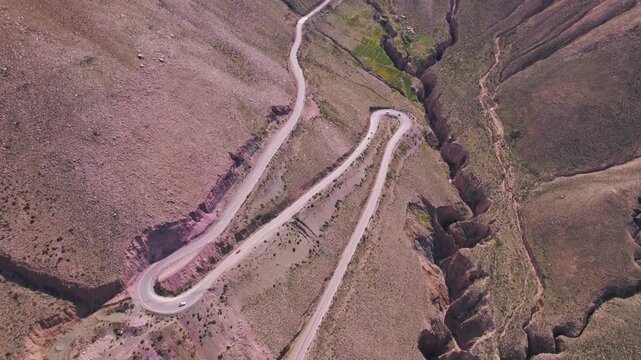4K drone aerial view of Cuesta de Lip&aacute;n, Jujuy, Argentina. Spectacular winding mountain road climbing through the Andes with dramatic curves, rugged landscapes and breathtaking high altitude scenery.