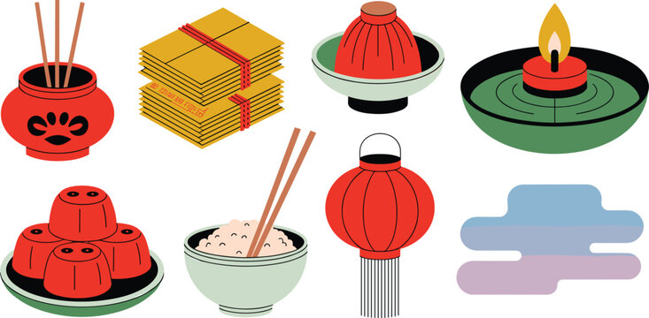 Traditional Chinese Hungry Ghost Festival Vector Element Set with Incense Burner, Joss Paper, Rice Bowl, Lantern, and Floating Water Candle for Mid Autumn Cult Elements
