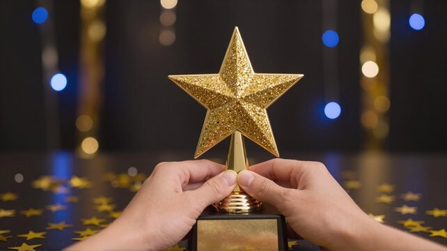 Hands holding star trophy on table, reward concept