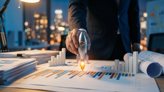 Business startup concept. Businessman holding a rocket over financial charts. Launching a new business venture.