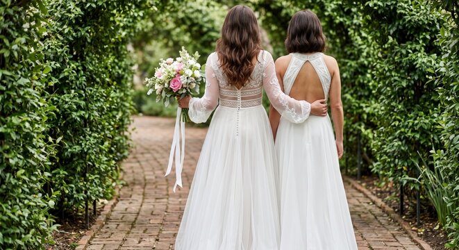 Brides in dresses walk together during same-sex marriage in garden.