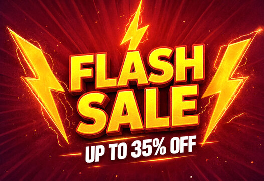 Bright flash sale banner design with lightning bolts and bold yellow text advertising discounts