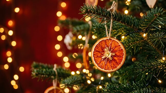 A beautifully decorated christmas tree with orange slice ornaments and twinkling lights creates a festive holiday ambiance