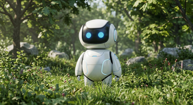 Cute robot in a forest. AI assistant concept. Modern technologies in agriculture. 3D render.