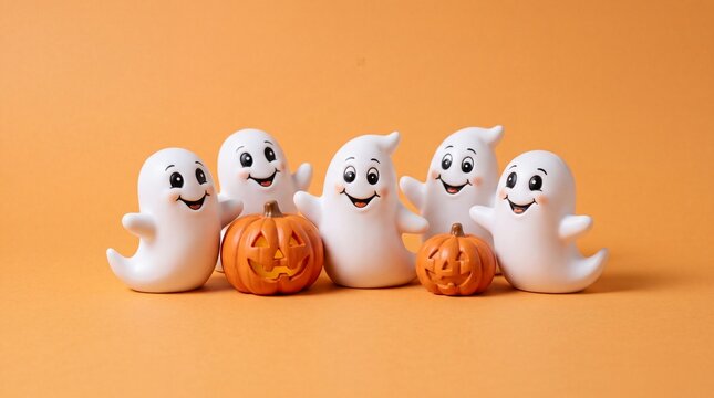 A delightfully festive halloween scene showcases charming ghost figures happily gathering around tiny pumpkins against a beautifully warm and inviting orange backdrop