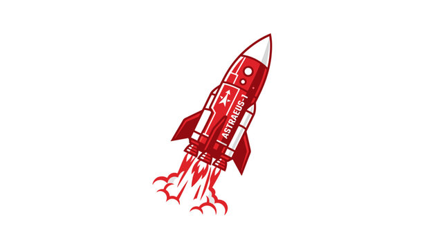 Red Retro Rocket Launching With Fiery Exhaust On White Background