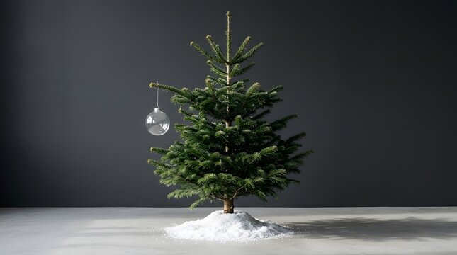 A beautifully decorated christmas tree stands elegantly in a minimalist softly lit interior setting