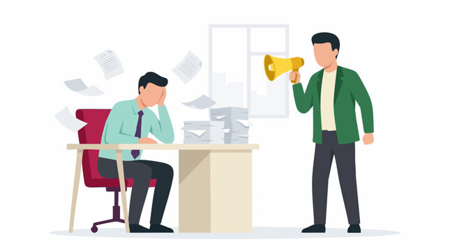 Employee Stress and Overwork with Demanding Manager Yelling through Megaphone