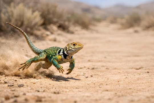 collared lizard running fast across desert sand with copy space.