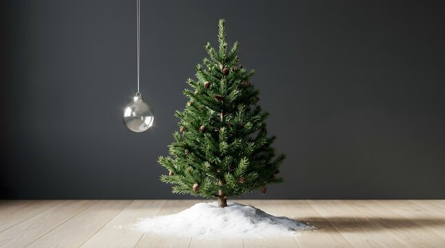 A minimalist christmas scene featuring a small fir tree with a single silver ornament evoking festive cheer