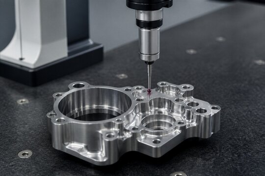 Cmm probe inspecting machined metal component on granite table