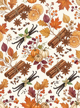 Autumn Cinnamon and Citrus Botanical Seamless Pattern