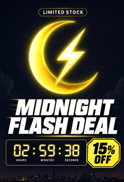 Bright glowing midnight flash deal sale banner with lightning bolt moon and countdown timer