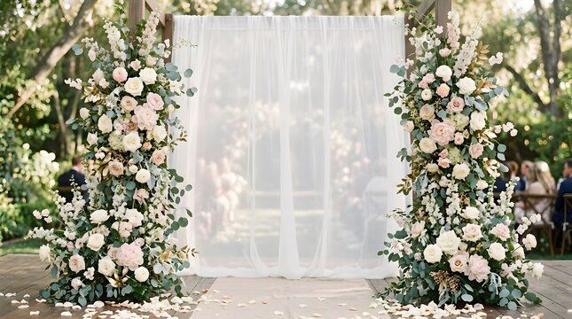 A beautiful wedding ceremony setup featuring a floral archway and sheer flowing fabric backdrop