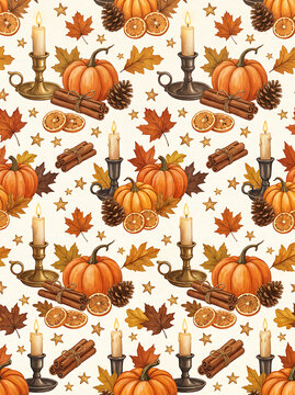 Autumn Pumpkin Candle Seamless Pattern