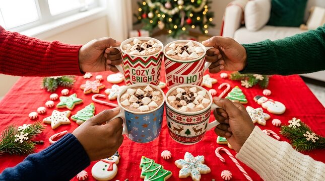 A cozy christmas scene featuring hot cocoa decorated cookies and a festive holiday atmosphere