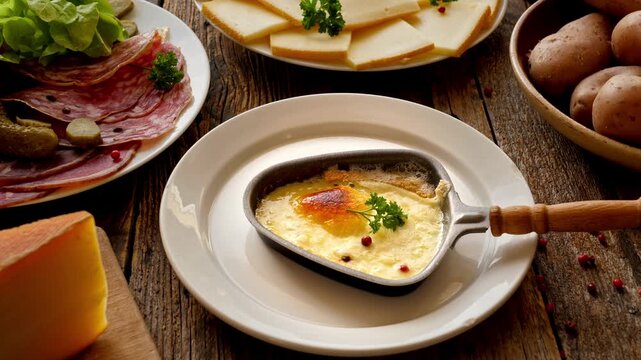 melted raclette cheese in traditional pan served with ham bread and potatoes on wooden table